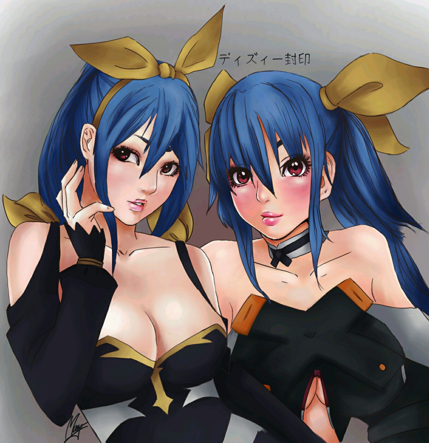 2girls blue_hair bow dizzy_(guilty_gear) dress dual_persona gears guilty_gear guilty_gear_vastedge_xt hair_between_eyes highres lina_mannik looking_at_viewer multiple_girls ponytail red_eyes twintails