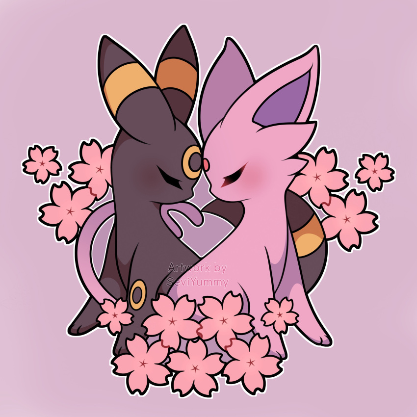 absurdres artist_name blush cherry_blossoms closed_eyes espeon forehead-to-forehead from_side heads_together highres no_humans outline pink_background pink_theme pokemon pokemon_(creature) sevi_(seviyummy) umbreon watermark white_outline