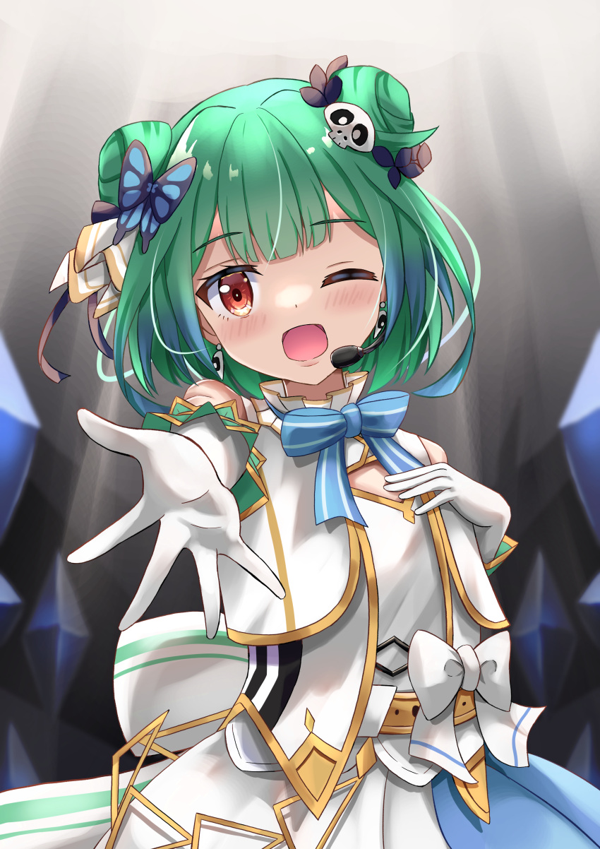 1girl ;d absurdres bare_shoulders beckoning belt blue_hair blue_neckwear blue_skirt bow bowtie butterfly_hair_ornament double_bun earrings flat_chest gloves gradient_hair green_hair hair_ornament hair_ribbon headset highres hololive hololive_idol_uniform idol idol_clothes jewelry kyouwashi layered_skirt medium_hair miniskirt multicolored_hair official_alternate_costume one_eye_closed open_mouth reaching_out red_eyes ribbon skirt skirt_set skull_earrings skull_hair_ornament sleeveless smile uruha_rushia vest virtual_youtuber white_bow white_gloves white_skirt white_vest wrist_cuffs