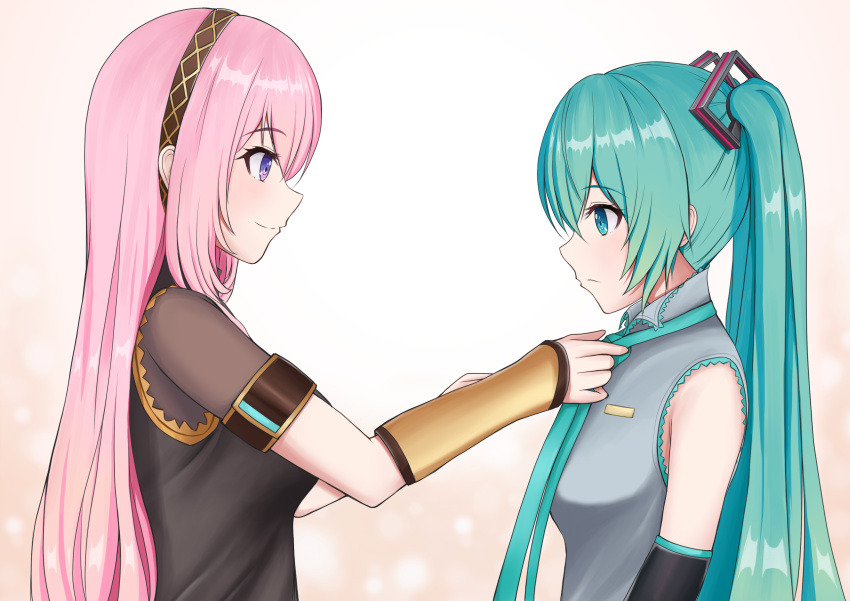 2girls adjusting_another's_clothes adjusting_neckwear aqua_eyes aqua_hair aqua_neckwear arm_warmers armband bare_shoulders black_shirt black_sleeves blue_eyes commentary detached_sleeves expressionless from_side grey_shirt hair_ornament hairband hatsune_miku highres light_blush long_hair megurine_luka multiple_girls necktie nekoinu_bamboo pink_hair shirt short_sleeves single_arm_warmer sleeveless sleeveless_shirt smile standing twintails upper_body very_long_hair vocaloid