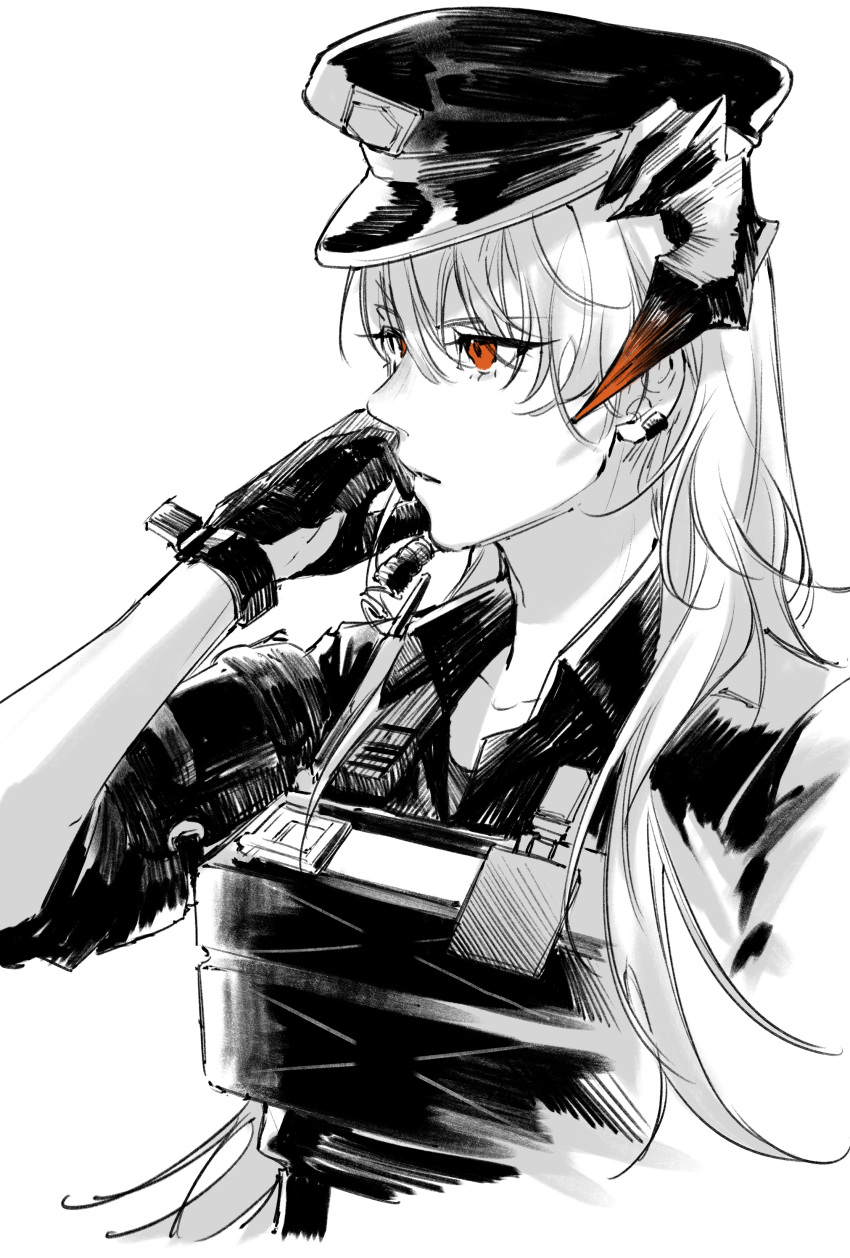 1girl absurdres arknights bangs collarbone commentary dragon_horns ear_clip gloves greyscale hand_up hat highres horns id_card long_hair monochrome official_alternate_costume orange_eyes plate_carrier police_hat saria_(arknights) saria_(the_law)_(arknights) shirt sketch sleeves_rolled_up solo spot_color unknown0791 walkie-talkie