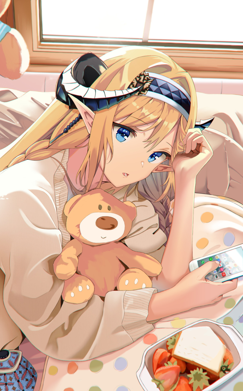 1girl absurdres alternate_costume arknights auguste blanket blonde_hair blue_eyes blue_hairband braid brown_sweater casual cellphone commentary_request day dragon_horns eyebrows_visible_through_hair food fruit hair_intakes hairband highres holding holding_phone horns indoors long_hair long_sleeves looking_at_viewer lying on_bed on_side open_mouth phone pointy_ears saileach_(arknights) sandwich smartphone smile solo strawberry stuffed_animal stuffed_toy sweater teddy_bear twin_braids upper_body