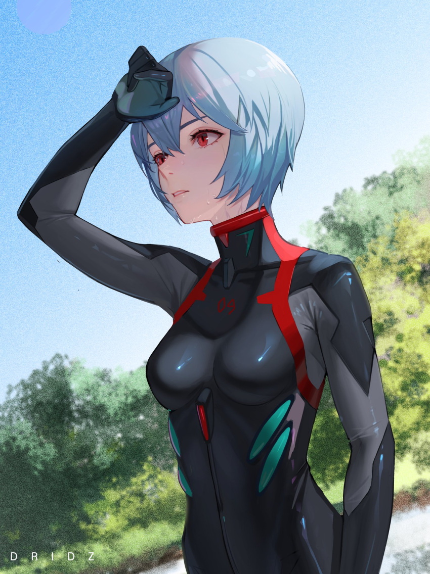 1girl artist_name ayanami_rei bangs black_bodysuit blue_hair bodysuit breasts drid dutch_angle foliage hair_between_eyes hand_to_forehead highres medium_breasts neon_genesis_evangelion parted_lips plugsuit red_eyes shaded_face shading_eyes skky solo sweat sweating_profusely upper_body