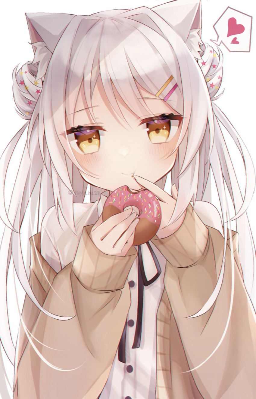 1girl :t animal_ear_fluff animal_ears bangs black_ribbon blush brown_cardigan brown_eyes cardigan cat_ears closed_mouth collared_shirt commentary_request double_bun doughnut dress_shirt eating eyebrows_visible_through_hair food food_on_face grey_hair hair_ornament hairclip hands_up heart highres holding holding_food long_hair long_sleeves looking_at_viewer neck_ribbon off_shoulder open_cardigan open_clothes original ribbon ringouulu school_uniform shirt simple_background sleeves_past_wrists solo spoken_heart star_(symbol) star_hair_ornament twitter_username upper_body very_long_hair white_background white_shirt