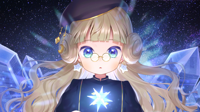 1girl :&lt; bangs beret black_headwear black_shirt blue_eyes brown-framed_eyewear brown_hair character_request crystal double_bun eyebrows_visible_through_hair hat highres livly_island long_hair looking_at_viewer momoshiki_tsubaki night night_sky outdoors parted_lips pince-nez shirt sky solo star_(sky) starry_sky tilted_headwear transparent triangle_mouth
