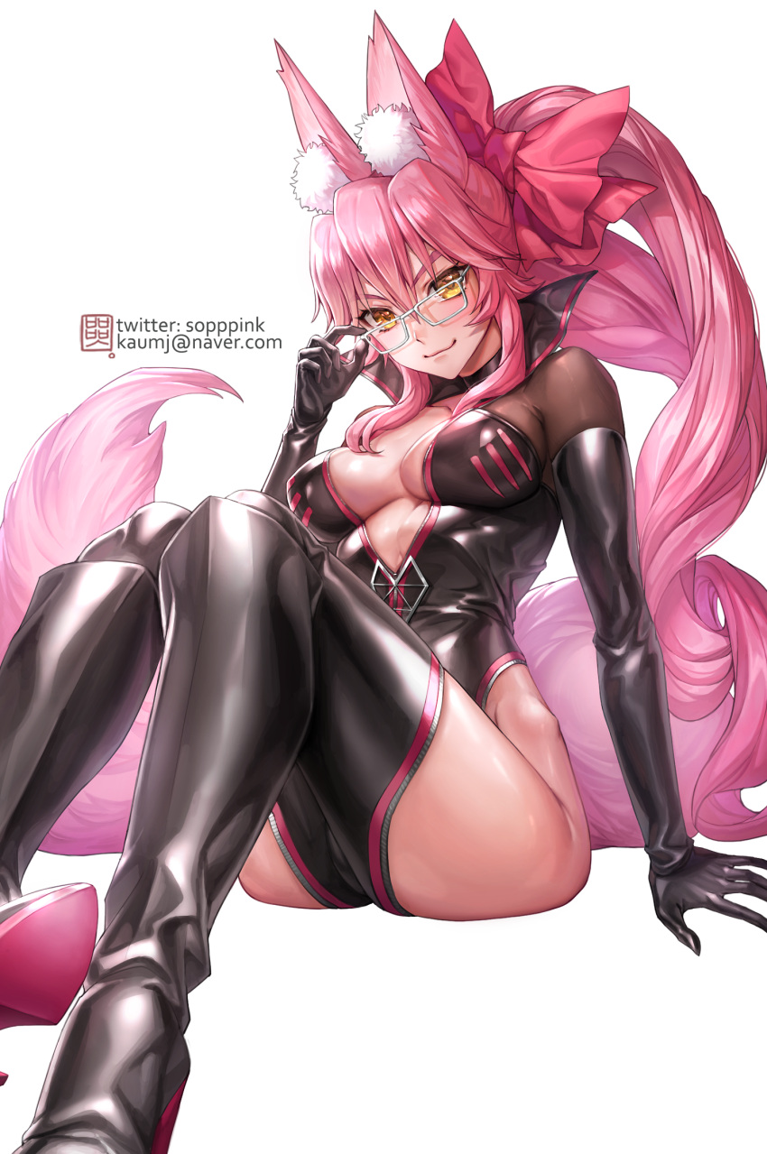 1girl animal_ear_fluff animal_ears black_bodysuit bodysuit box_(hotpppink) breasts fate/grand_order fate_(series) fox_ears fox_girl fox_tail glasses hair_between_eyes highres hip_vent koyanskaya_(fate) long_hair medium_breasts pink_hair side_ponytail sitting solo tail tamamo_(fate) very_long_hair white-framed_eyewear yellow_eyes