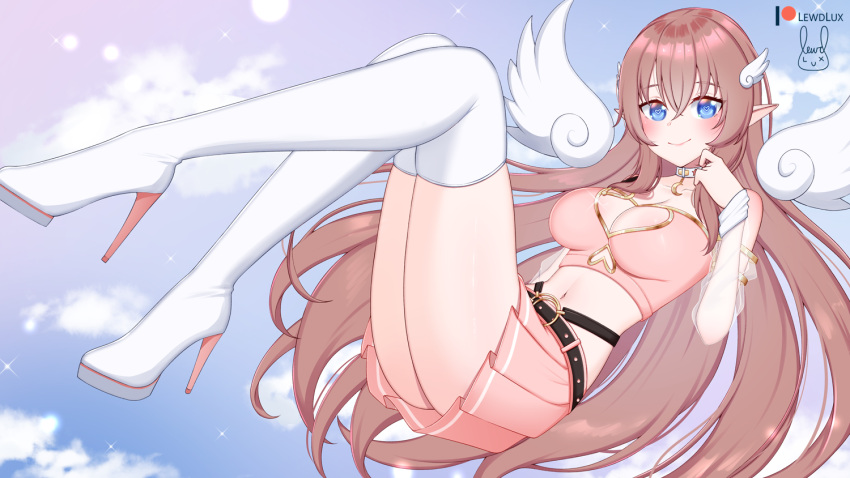 1girl blue_eyes blush boots breasts choker clouds cloudy_sky commentary detached_sleeves hair_between_eyes head_wings heart heart-shaped_pupils high_heel_boots high_heels large_breasts lewdlux long_hair looking_at_viewer loomee midriff pink_hair pleated_skirt pointy_ears signature skirt sky smile solo symbol-shaped_pupils thigh-highs thigh_boots virtual_youtuber white_wings wings