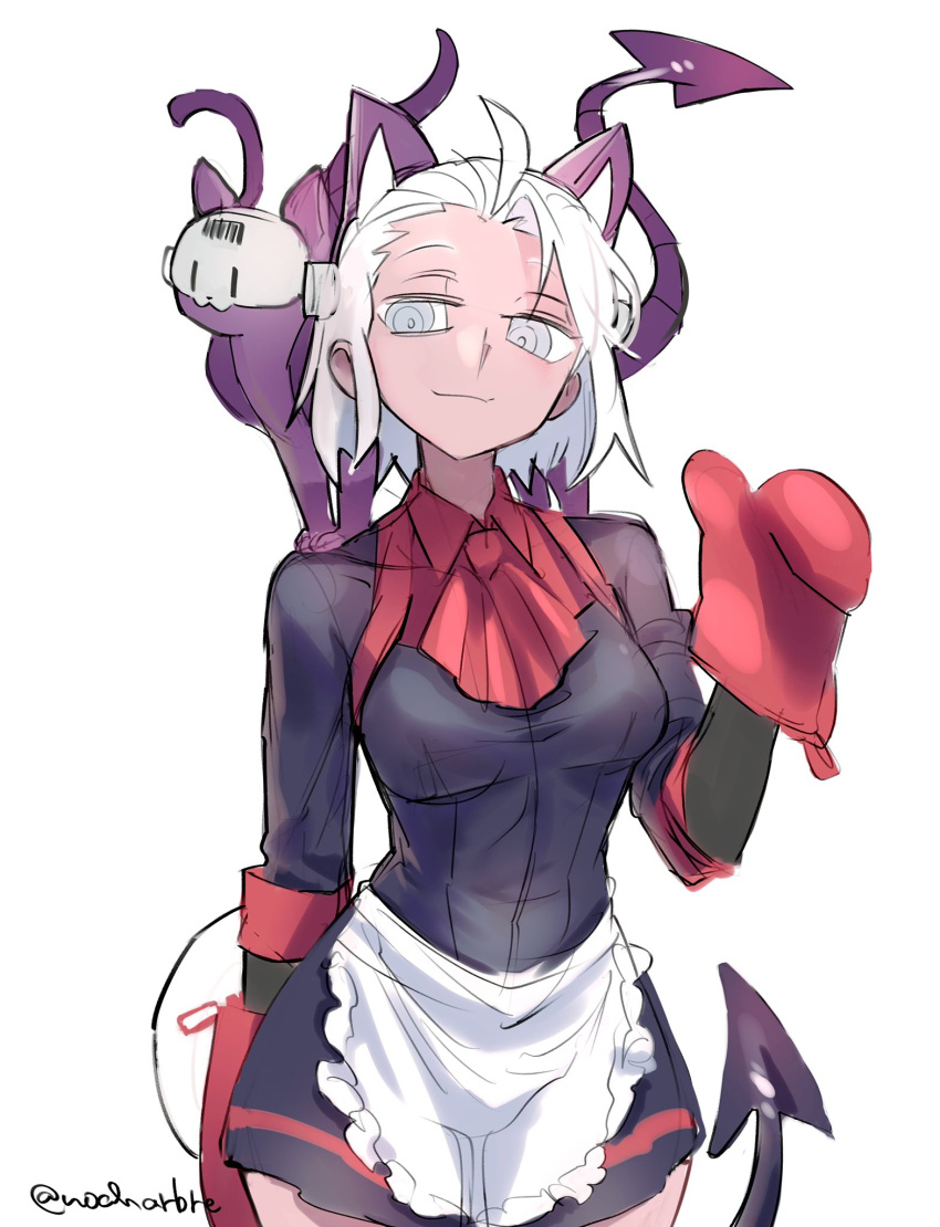 1girl animal_ears apron cat cat_ears closed_mouth demon_girl demon_tail gloves helltaker highres justice_(helltaker) looking_to_the_side noah_(tettsui-sole) red_gloves short_hair simple_background sketch smile solo tail twitter_username white_background white_eyes white_hair