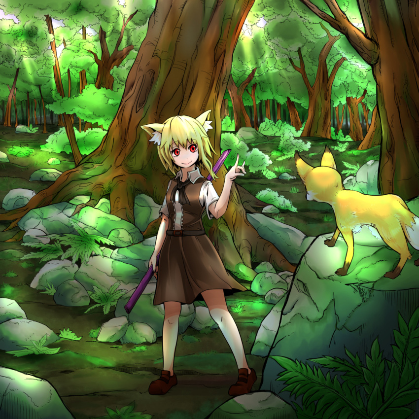 1girl animal_ear_fluff animal_ears asymmetrical_hair bangs belt black_belt black_bow black_neckwear blonde_hair bow bowtie breasts brown_footwear brown_skirt brown_vest bush canopy_(forest) closed_mouth collared_shirt commentary_request cookie_(touhou) day eyebrows_visible_through_hair forest fox fox_ears fox_girl fox_shadow_puppet fox_tail full_body grass hair_between_eyes highres holding holding_pole looking_at_animal medium_hair miramikaru_riran moss nature outdoors pole red_eyes rock shirt shoes short_sleeves sidelocks skirt small_breasts smile solo standing tail tree vest white_shirt yan_pai
