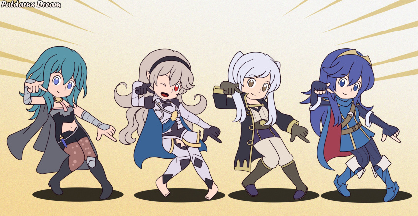 4girls absurdres black_coat blue_cape blue_eyes blue_hair blue_legwear boots brown_eyes byleth_(fire_emblem) byleth_eisner_(female) cape coat corrin_(fire_emblem) corrin_(fire_emblem)_(female) fang fire_emblem fire_emblem:_three_houses fire_emblem_awakening fire_emblem_fates grey_hair hairband highres looking_at_viewer lucina_(fire_emblem) multiple_girls navel one_eye_closed patdarux pose red_eyes robin_(fire_emblem) robin_(fire_emblem)_(female) tiara twintails warioware white_hair white_legwear