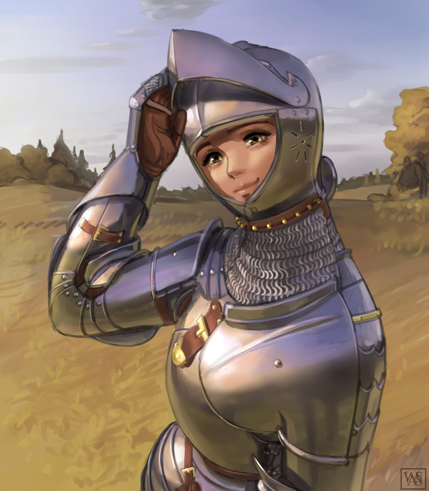 1girl absurdres armor breastplate chainmail gauntlets grasslands helmet highres knight looking_at_viewer medieval original plate_armor shoulder_armor signature smile solo tree visor_(armor) visor_lift wassnonnam