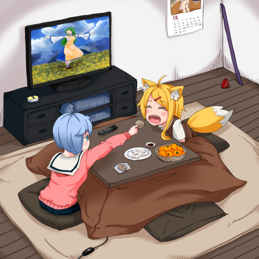 2girls ahoge alternate_hairstyle animal_ear_fluff animal_ears ass asymmetrical_hair bangs blonde_hair blue_eyes blue_hair blue_skirt blue_sky bowl brown_skirt brown_vest calendar_(object) closed_eyes clouds collared_shirt commentary_request controller cookie_(touhou) detached_sleeves eyebrows_visible_through_hair feeding food fox_ears fox_girl fox_tail frog_hair_ornament fruit green_hair hair_ornament hair_tubes hairpin highres indoors kochiya_sanae kotatsu long_hair long_skirt looking_at_another mandarin_orange medium_hair miramikaru_miran miramikaru_riran multiple_girls omelet open_mouth paseri_(cookie) pillow pink_sweater pole remilia_scarlet remote_control rice_bowl sakura_(cookie) shirt short_sleeves sidelocks skirt sky sleeveless sleeveless_shirt socks sweater swept_bangs table tail tamagoyaki television the_sound_of_music touhou vest white_legwear white_shirt yan_pai