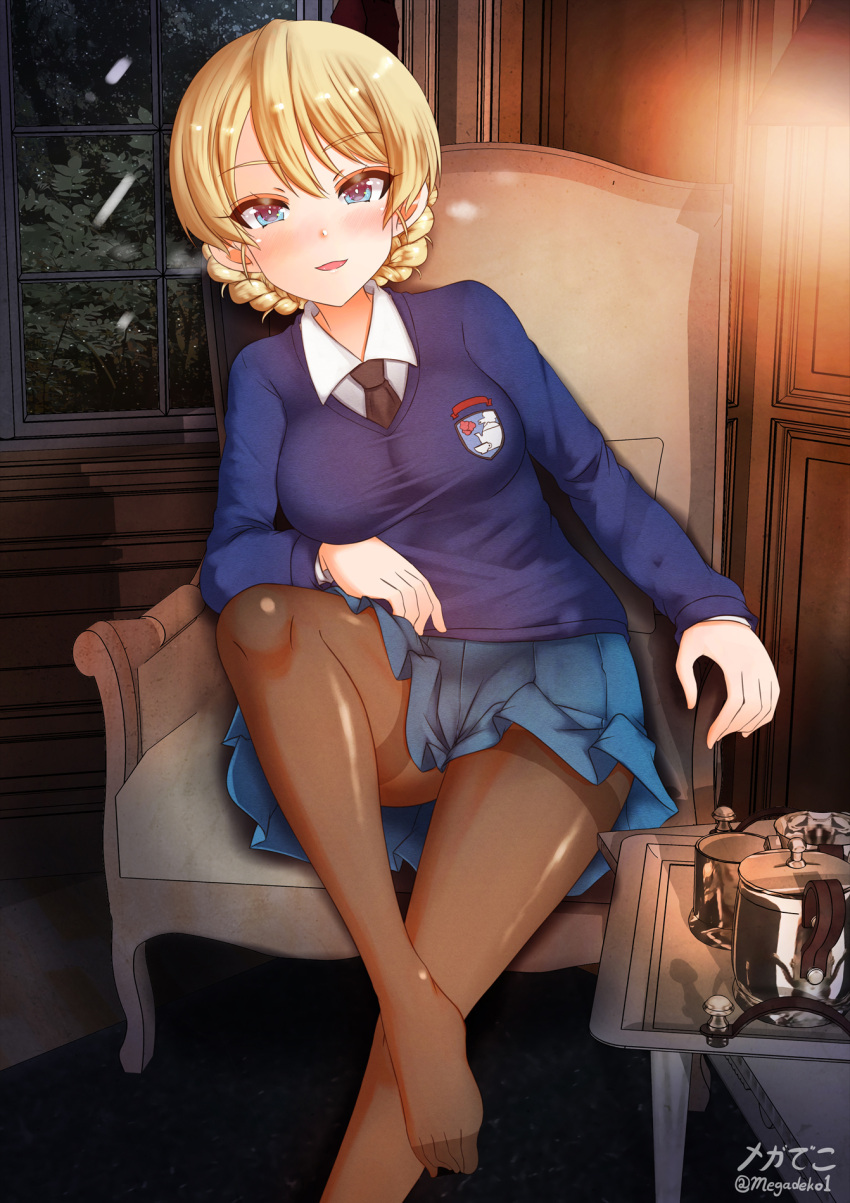 1girl aquaegg armchair artist_name bangs black_legwear black_neckwear blonde_hair blue_eyes blue_skirt blue_sweater blush braid breasts chair commentary darjeeling_(girls_und_panzer) dress_shirt emblem eyebrows_visible_through_hair girls_und_panzer half-closed_eyes highres indoors knee_up leaning_to_the_side long_sleeves looking_at_viewer medium_breasts miniskirt necktie night night_sky no_shoes open_mouth pantyhose pleated_skirt school_uniform shirt short_hair signature sitting skirt sky smile st._gloriana's_(emblem) st._gloriana's_school_uniform star_(sky) starry_sky sweater teapot tied_hair tray twin_braids twitter_username v-neck white_shirt window wing_collar