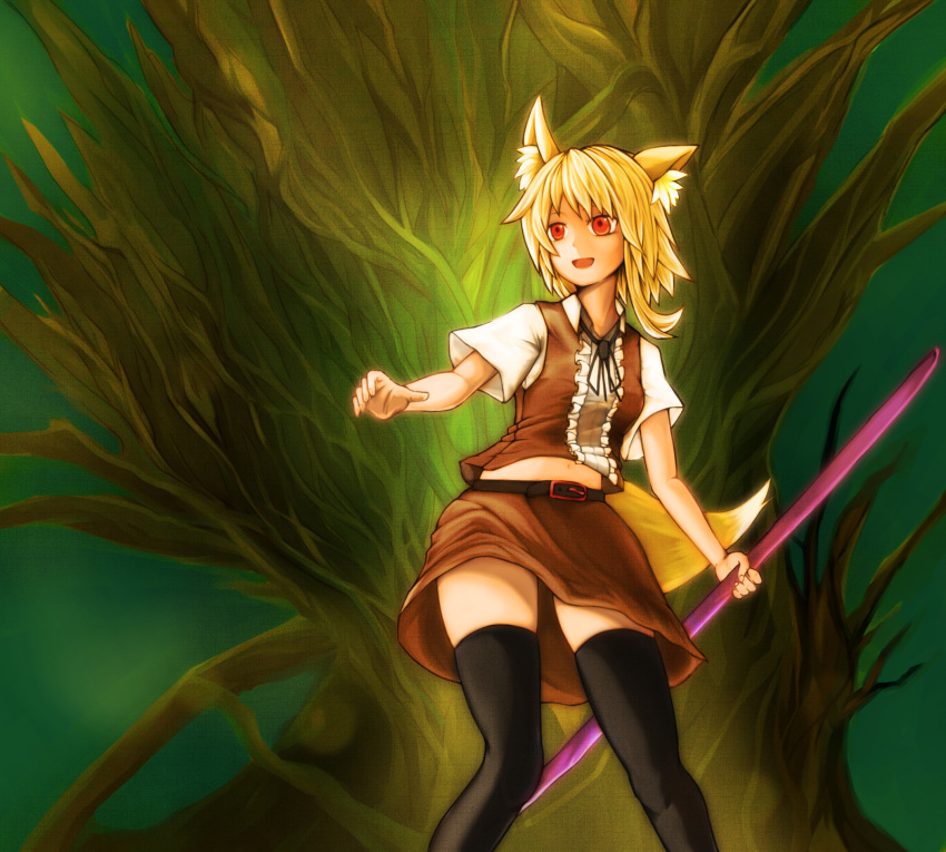 1girl animal_ear_fluff animal_ears asymmetrical_hair bangs belt black_belt black_legwear black_neckwear black_ribbon blonde_hair brown_skirt brown_vest collared_shirt commentary_request cookie_(touhou) eyebrows_visible_through_hair feet_out_of_frame fox_ears fox_girl fox_tail highres holding holding_pole looking_afar medium_hair miramikaru_riran neck_ribbon open_mouth pole red_eyes ribbon shirt short_sleeves sidelocks skirt solo tail thigh-highs vest white_shirt yan_pai