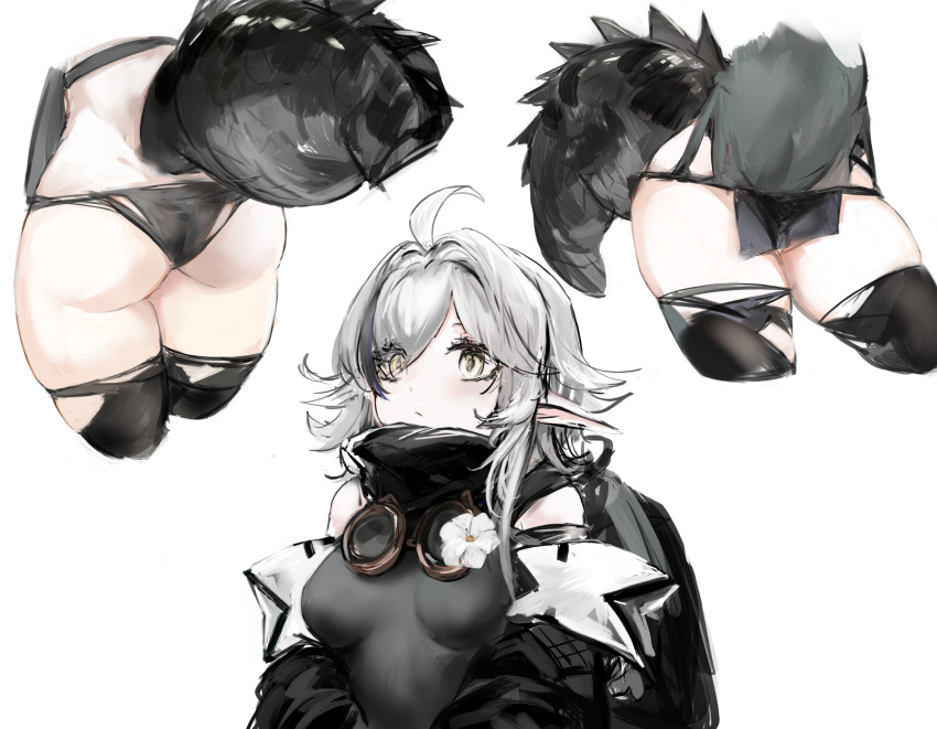 1girl ahoge arknights ass backpack bag bare_shoulders black_dress black_legwear blush breasts closed_mouth crocodilian_tail cropped_legs detached_sleeves dress flower gnai goggles goggles_around_neck hair_over_one_eye highres large_tail long_hair long_sleeves medium_breasts multiple_views pointy_ears short_dress silver_hair simple_background skindentation tail thigh-highs thighs tomimi_(arknights) upper_body white_background white_flower yellow_eyes