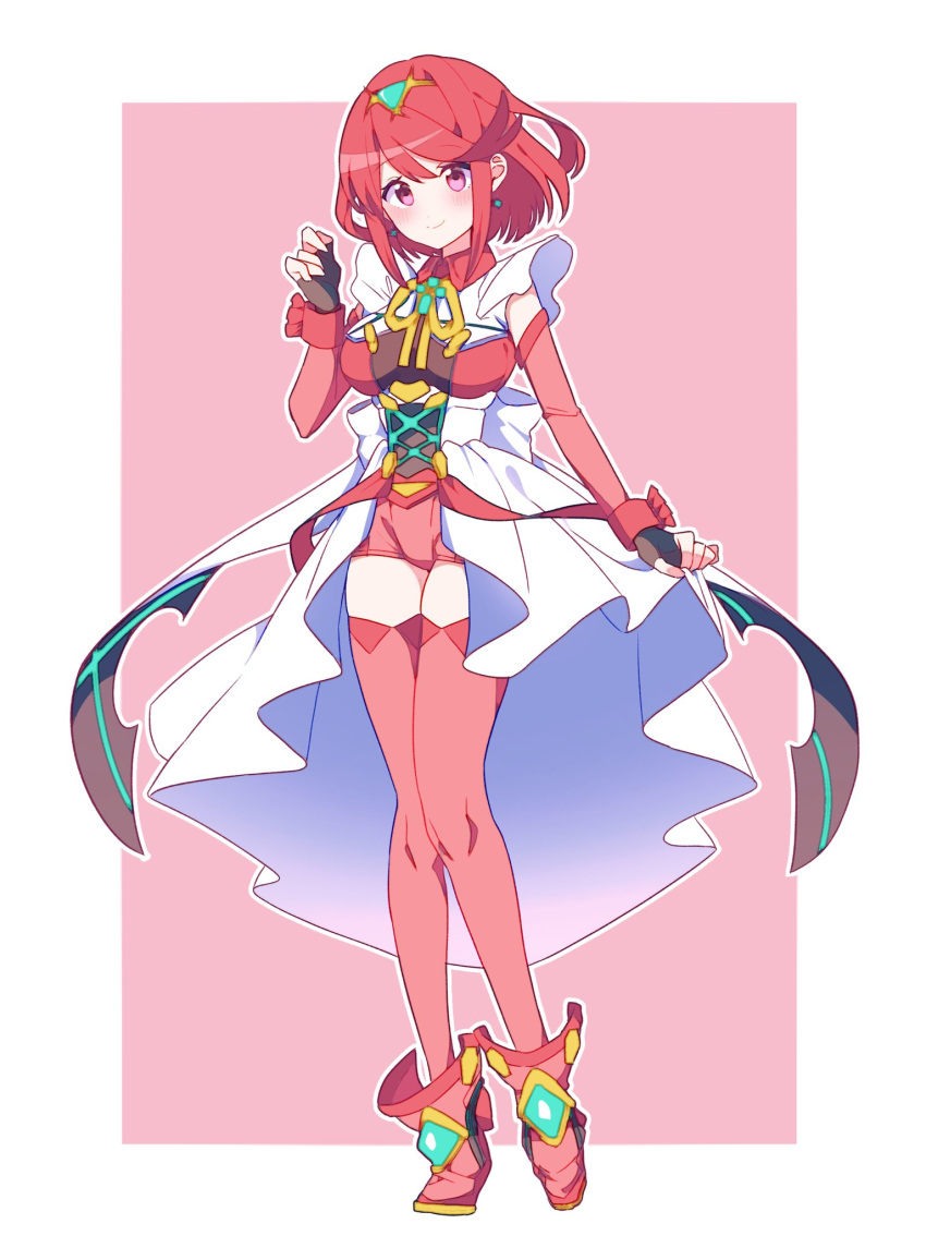 1girl alternate_costume bangs breasts chest_jewel earrings fingerless_gloves gloves highres jewelry kotohatoko510 large_breasts pyra_(xenoblade) red_eyes redhead short_hair solo swept_bangs thigh-highs tiara xenoblade_chronicles_(series) xenoblade_chronicles_2