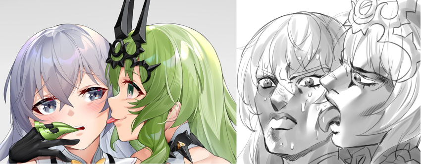 2girls :p black_gloves blue_eyes blush bronya_zaychik bronya_zaychik_(herrscher_of_reason) bronya_zaychik_(yamabuki_armor) commentary_request crown curly_hair facing_viewer finger_in_another's_mouth from_side ginklaga gloves green_eyes green_hair grey_eyes hair_between_eyes highres honkai_(series) honkai_impact_3rd jojo_no_kimyou_na_bouken licking licking_cheek licking_face long_hair looking_at_another meme mobius_(honkai_impact) multiple_girls open_mouth parody silver_hair smile taste_of_a_liar tongue tongue_out upper_body very_long_hair yuri