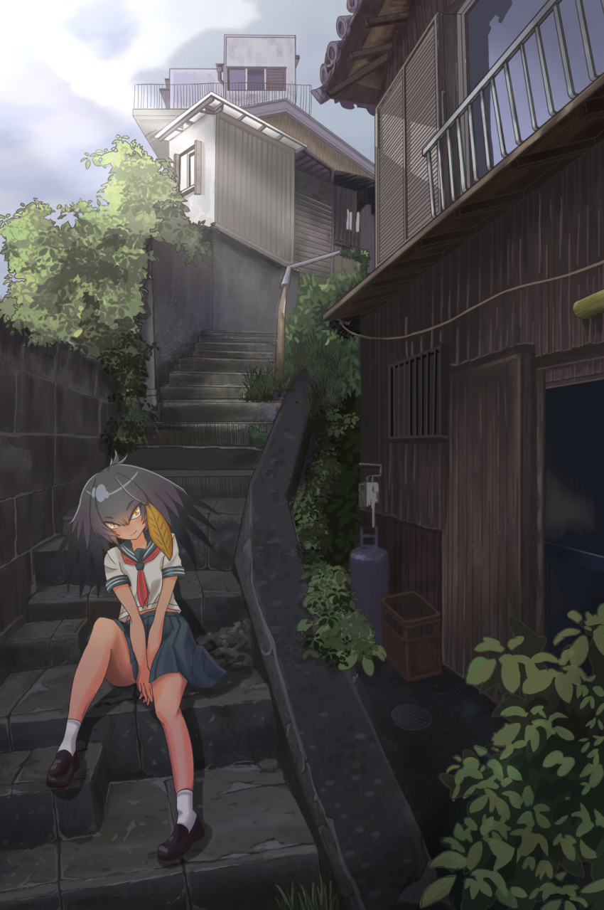 1girl alternate_costume bangs bare_arms bare_legs black_hair building closed_mouth contemporary day eyebrows_visible_through_hair full_body grey_hair hair_between_eyes head_tilt highres kemono_friends knee_up long_hair looking_at_viewer miniskirt multicolored_hair neckerchief no_tail no_wings orange_eyes orange_hair outdoors outstretched_leg own_hands_together plant pleated_skirt sailor_collar scenery school_uniform serafuku shirt shoebill_(kemono_friends) shoes short_sleeves sidelocks sitting skirt smile solo stairs stone_stairs v_arms yodare_(b5dlvylr8xxzpjl)