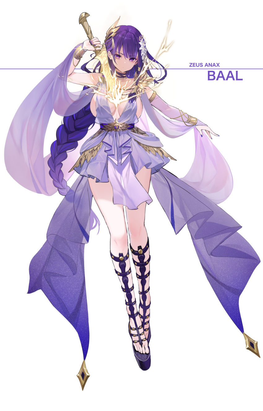 1girl alternate_costume breasts bridal_gauntlets character_name closed_mouth dishwasher1910 dress electricity english_commentary full_body genshin_impact gold greek_clothes hair_ornament highres holding holding_sword holding_weapon jewelry large_breasts legs long_braid long_hair platform_footwear purple_dress purple_hair purple_nails raiden_shogun short_dress simple_background single_bridal_gauntlet solo sword very_long_hair violet_eyes weapon white_background wrist_guards