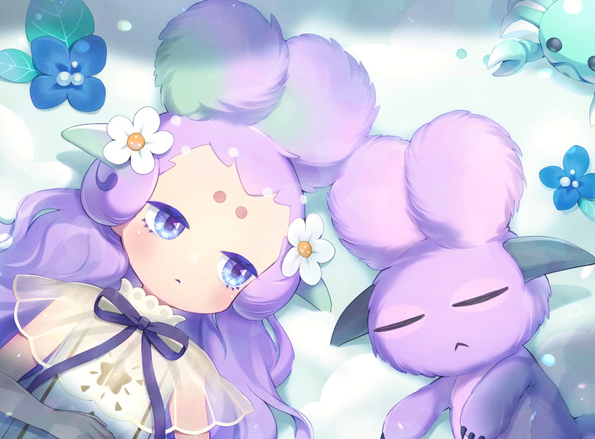 1girl :&lt; animal blue_eyes blue_flower character_request closed_eyes closed_mouth crab creature dress flower forehead hair_flower hair_ornament highres livly_island lying momoshiki_tsubaki on_back on_ground purple_hair see-through short_eyebrows snow solo thick_eyebrows white_dress white_flower