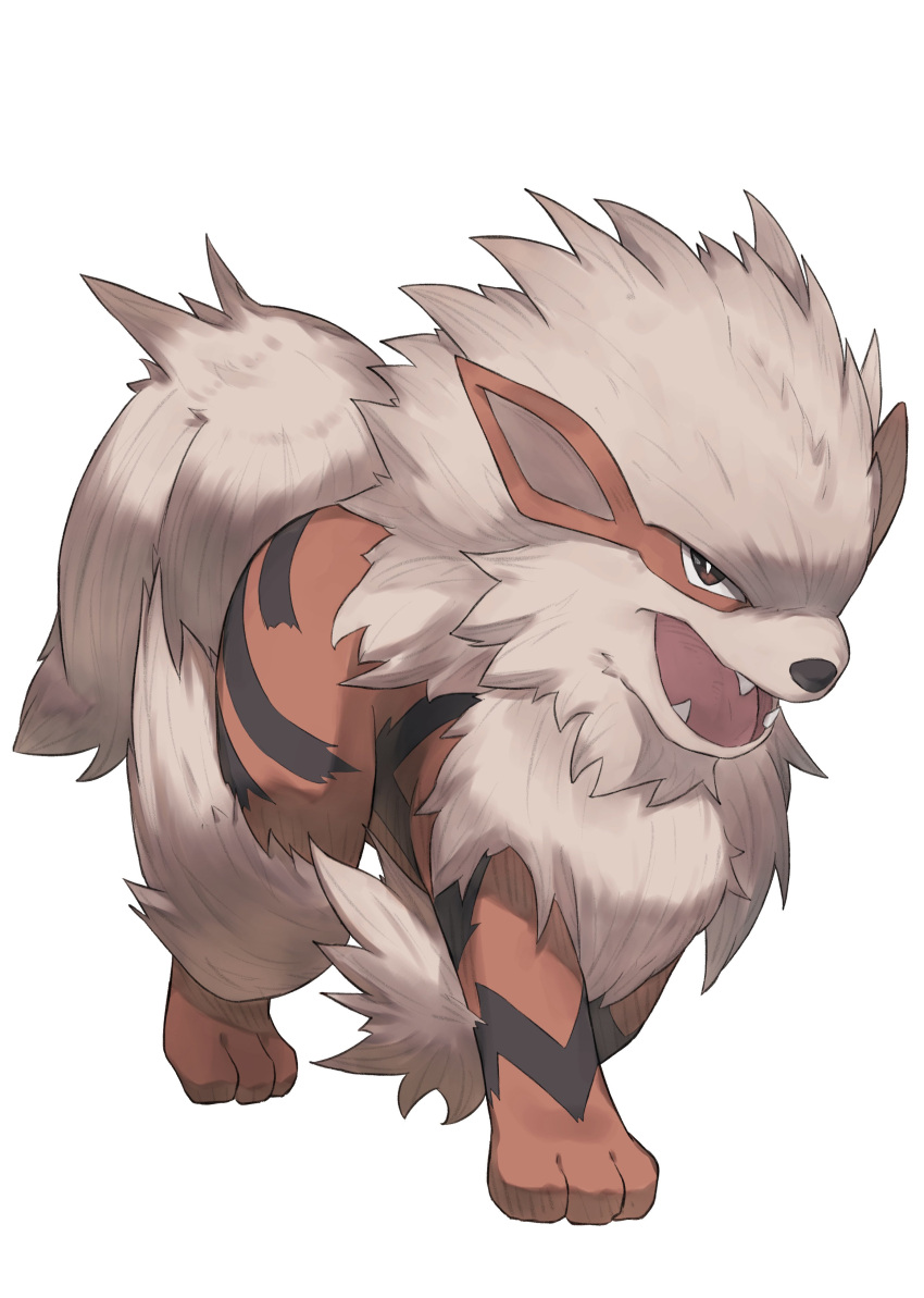 absurdres arcanine bright_pupils brown_eyes commentary_request fangs highres looking_at_viewer no_humans odd_(hin_yari) open_mouth pokemon pokemon_(creature) simple_background solo standing toes tongue white_background white_pupils