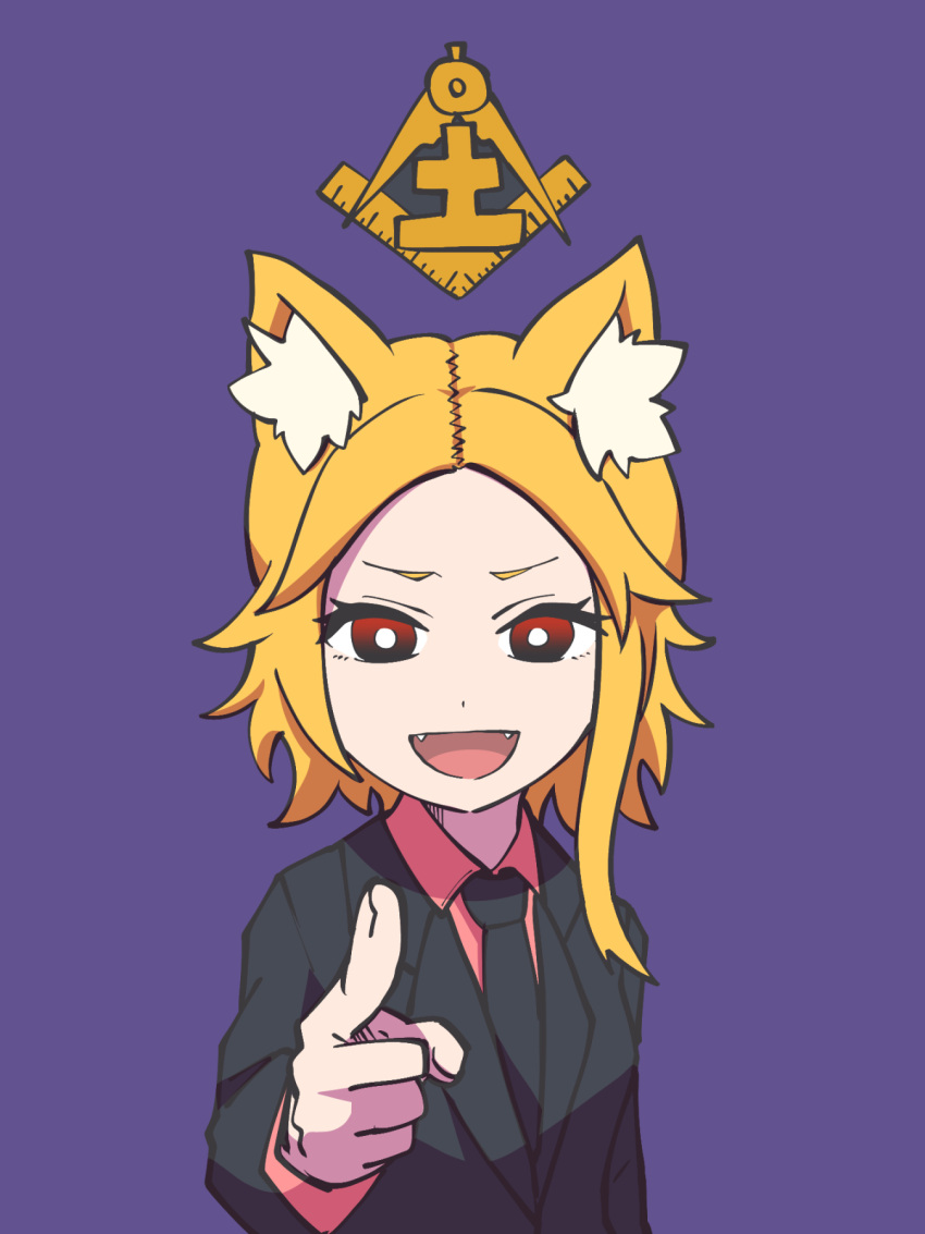 1girl :d alternate_hairstyle animal_ear_fluff animal_ears asymmetrical_hair black_jacket black_neckwear blonde_hair bright_pupils commentary_request cookie_(touhou) fangs formal fox_ears fox_girl freemason highres jacket long_sleeves looking_at_viewer medium_hair miramikaru_riran necktie open_mouth parody_request pink_shirt pointing pointing_at_viewer purple_background red_eyes shirt sidelocks simple_background smile solo suit upper_body white_pupils yan_pai