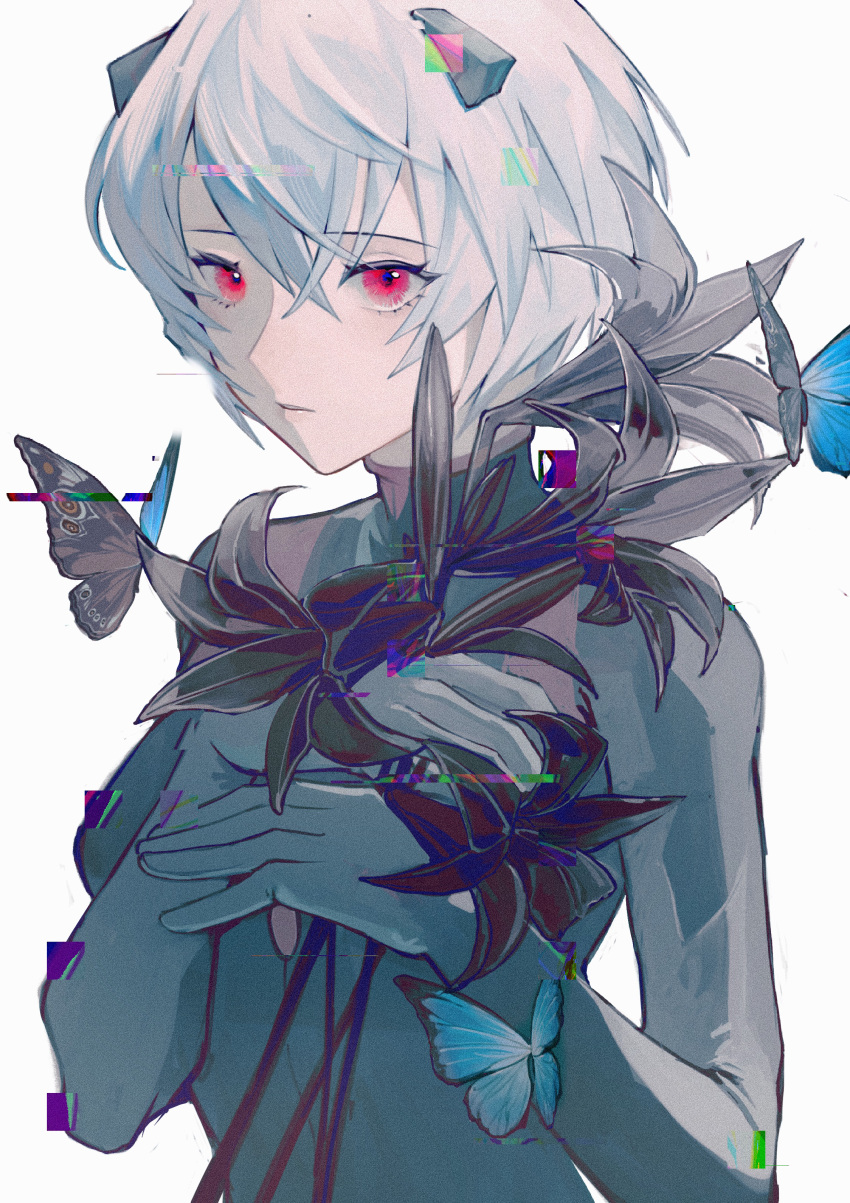 1girl absurdres alternate_color alternate_hair_color ayanami_rei bangs black_butterfly black_flower blue_butterfly bug butterfly dou_(doudouzi) eyebrows_visible_through_hair eyelashes flower hair_between_eyes high_collar highres holding holding_flower lily_(flower) lips looking_at_viewer muted_color neon_genesis_evangelion parted_lips pink_eyes plugsuit short_hair simple_background solo static upper_body vhs_artifacts white_background white_hair