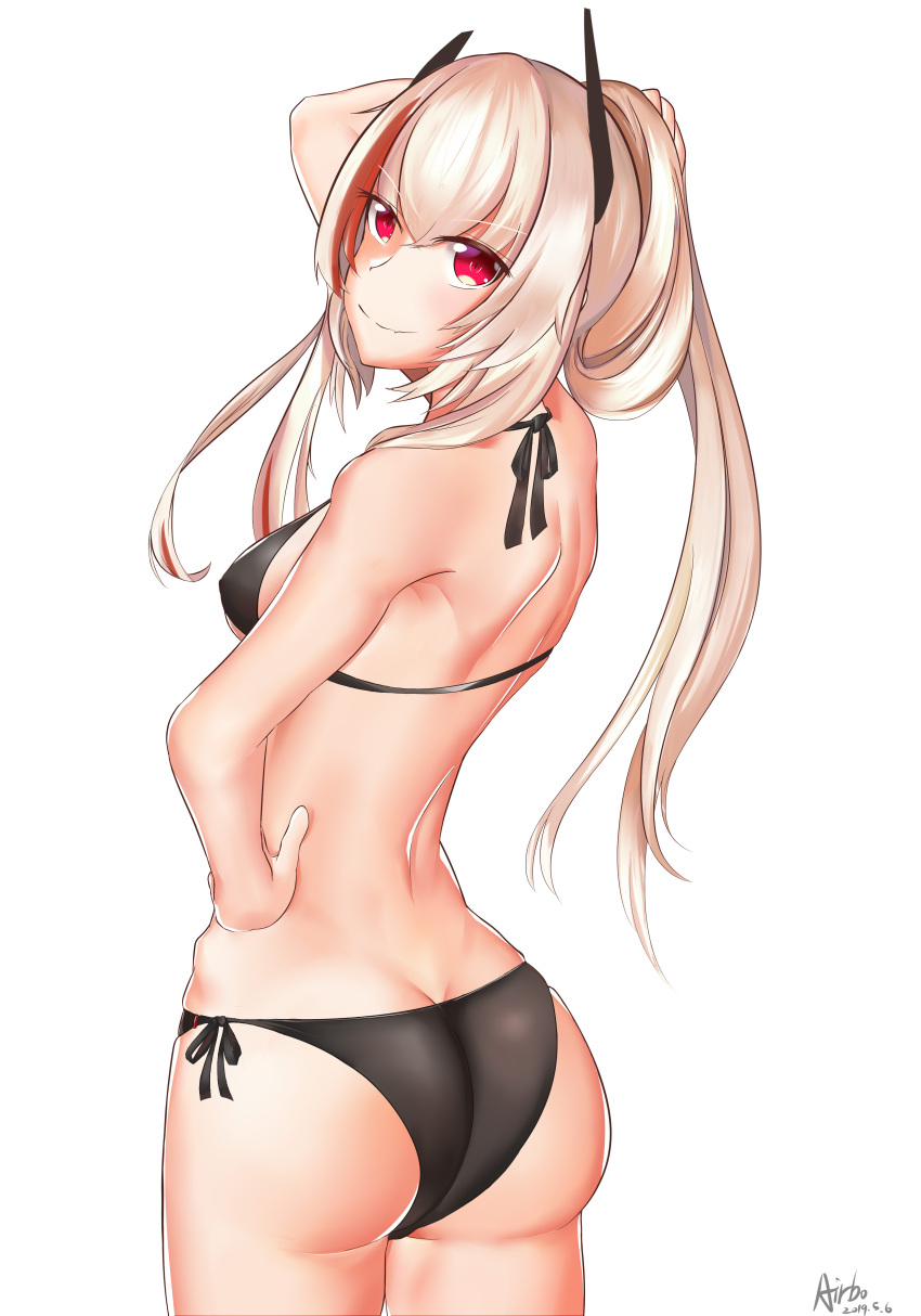 1girl absurdres airbo artist_name ass back bikini black_bikini black_swimsuit blonde_hair blush breasts closed_mouth eyebrows_visible_through_hair feet_out_of_frame girls_frontline hand_in_hair hand_on_hip headphones highres long_hair looking_to_the_side m4_sopmod_ii_(girls'_frontline) medium_breasts multicolored_hair red_eyes smile solo standing swimsuit white_background