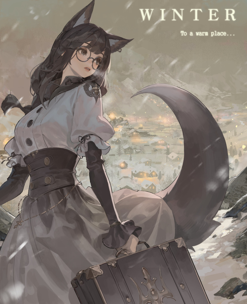 1girl absurdres animal_ears black_dress black_hair building buttons commentary cowboy_shot dress ear_piercing english_commentary english_text fox_ears fox_girl fox_tail highres holding holding_suitcase jung_wonjo lips long_hair looking_at_viewer original piercing snow solo suitcase tail town two-tone_dress white_dress