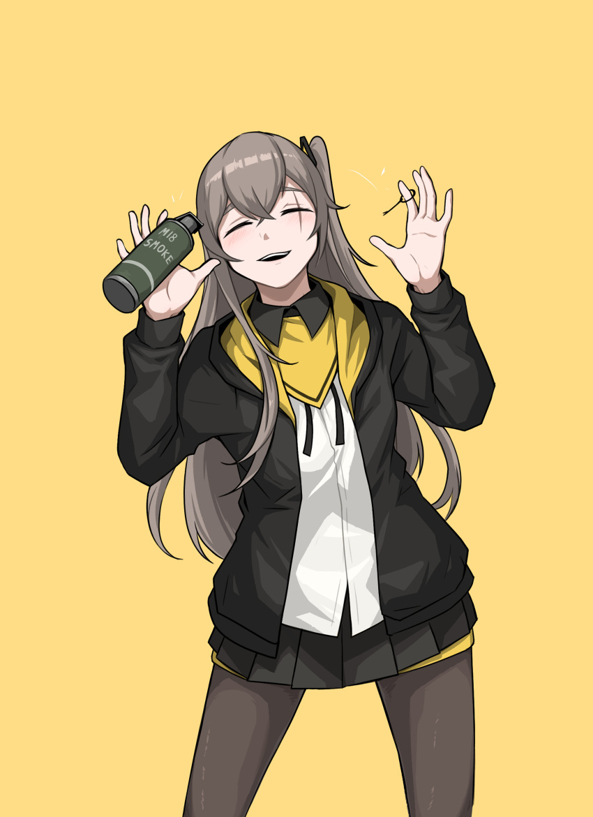 1boy 1girl absurdres black_jacket black_skirt closed_eyes commentary_request copycat001 girls_frontline grenade_pin grey_hair highres holding jacket pantyhose scar scar_across_eye shirt side_ponytail skirt smile smoke_grenade ump45_(girls'_frontline) white_shirt yellow_background
