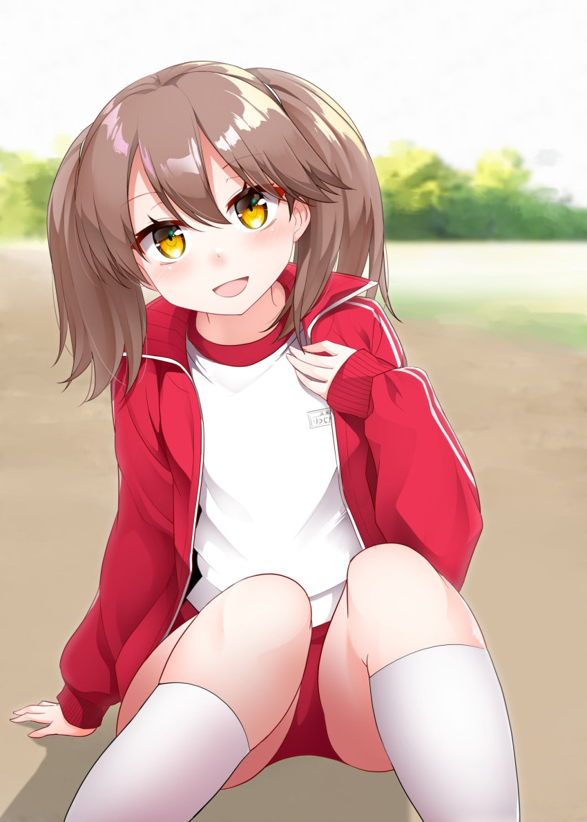 1girl alternate_costume brown_eyes brown_hair buruma gym_shirt highres jacket kantai_collection kirigakure_(kirigakure_tantei_jimusho) long_sleeves looking_at_viewer open_clothes open_jacket red_buruma red_jacket ryuujou_(kancolle) shirt solo track_jacket twintails white_legwear