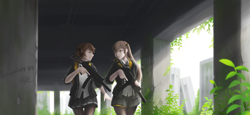 2girls black_jacket black_skirt building commentary_request copycat001 english_text girls_frontline grey_hair gun h&amp;k_ump45 h&amp;k_ump9 highres holding holding_weapon jacket long_hair multiple_girls orange_hair outdoors pantyhose plant ruins scar scar_across_eye shirt siblings side_ponytail skirt smile submachine_gun ump45_(girls'_frontline) ump9_(girls'_frontline) weapon white_shirt