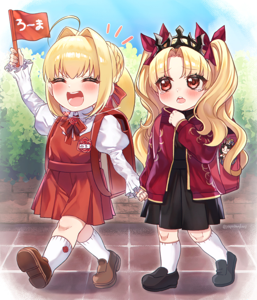 2girls ahoge backpack bag bag_charm blonde_hair blush charm_(object) closed_eyes crying crying_with_eyes_open day ereshkigal_(fate) eyebrows_visible_through_hair fate/extra fate/grand_order fate_(series) flag flower full_body hair_bun highres holding holding_flag holding_hands ishtar_(fate)_(all) kneehighs long_hair long_sleeves looking_at_another mini_flag multiple_girls nero_claudius_(fate) open_mouth outdoors red_eyes rose shoes skirt tears teeth tongue walking yayoi_maka younger