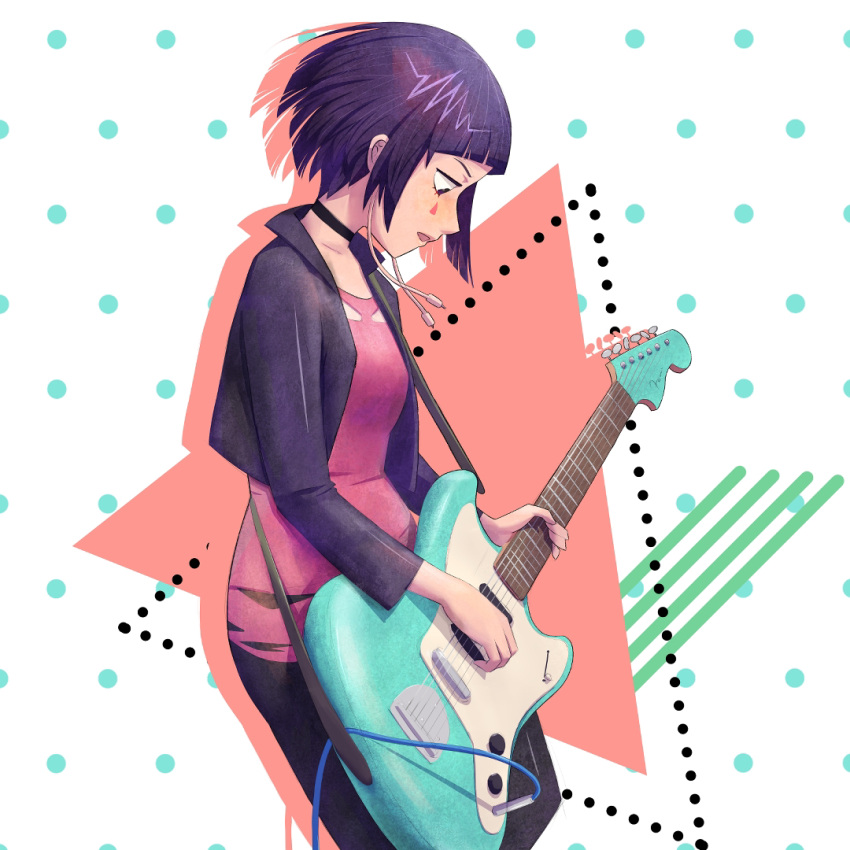1girl aqua_background asymmetrical_bangs audio_jack bangs black_jacket black_pants blunt_bangs bmo_art bob_cut boku_no_hero_academia breasts commentary cropped_jacket diagonal_stripes drop_shadow electric_guitar facepaint feet_out_of_frame from_side green_background guitar holding holding_instrument instrument jacket jirou_kyouka long_earlobes long_sleeves looking_down medium_breasts music open_clothes open_jacket open_mouth pants pink_background playing playing_instrument polka_dot polka_dot_background purple_hair red_shirt shirt short_hair shoulder_strap solo striped torn_clothes torn_shirt triangle white_background