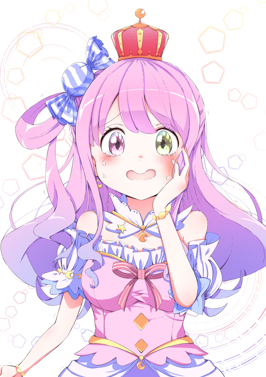 1girl absurdres bangs blush breasts candy_hair_ornament commentary_request crown crying detached_collar dress food-themed_hair_ornament frilled_dress frills fumi_(fumibeing) gradient_hair green_eyes hair_ornament hair_rings hand_on_own_cheek hand_on_own_face heterochromia highres himemori_luna hololive long_hair looking_at_viewer medium_breasts multicolored_hair off-shoulder_dress off_shoulder one_side_up pink_dress pink_hair princess puffy_short_sleeves puffy_sleeves purple_hair short_sleeves solo swept_bangs upper_body violet_eyes virtual_youtuber wavy_hair