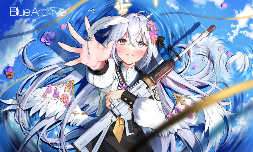 1girl absurdres assault_rifle azusa_(blue_archive) bangs black_dress blue_archive blush clouds dress eyebrows_visible_through_hair feathered_wings feathers flower gun hair_between_eyes hair_flower hair_ornament hand_up highres holding holding_gun holding_weapon huge_filesize jacket long_hair long_sleeves looking_at_viewer lying on_back outstretched_hand pink_flower pink_rose puckjjick_(belbesi19) puffy_long_sleeves puffy_sleeves purple_flower reaching_out rifle ripples rose silver_hair sky solo very_long_hair violet_eyes water weapon white_jacket white_wings wings