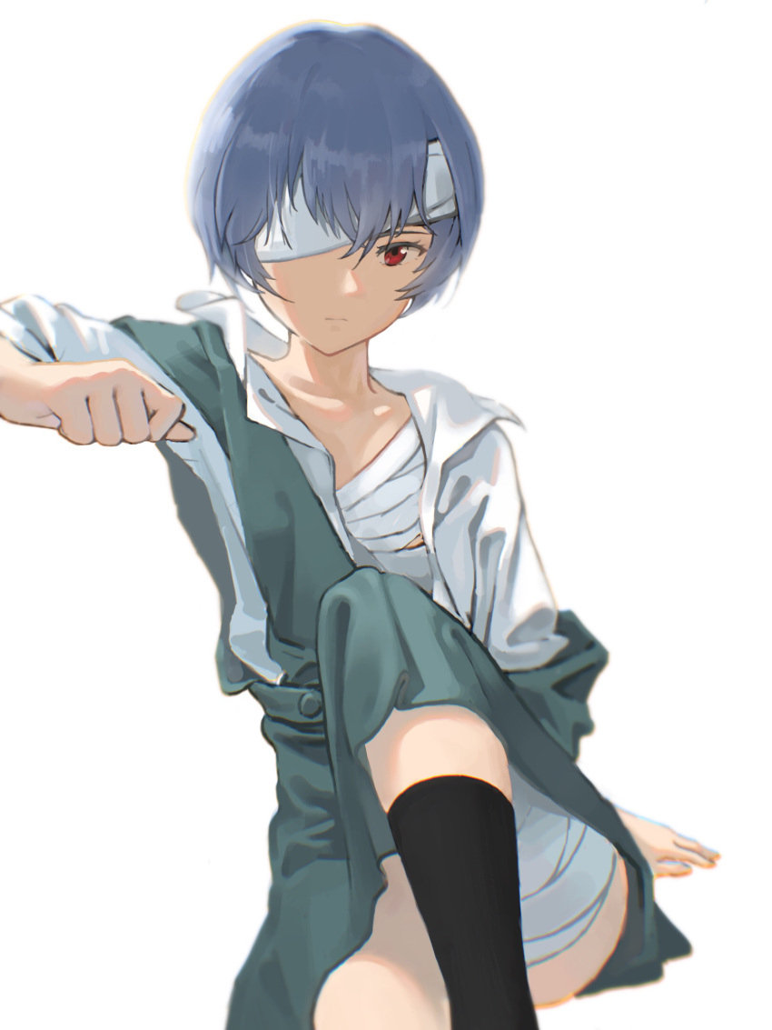 1girl arm_behind_back arm_support arm_up ayanami_rei bandage_over_one_eye bandaged_chest bandaged_head bandaged_leg bandages bangs black_legwear blue_dress blue_hair clenched_hand closed_mouth commentary dress dress_shirt expressionless feet_out_of_frame hair_between_eyes highres injury knee_up looking_at_viewer neon_genesis_evangelion open_clothes open_shirt pinafore_dress red_eyes school_uniform shirt short_hair short_sleeves simple_background sitting socks solo vivace_(user_gnpw2527) white_background white_shirt