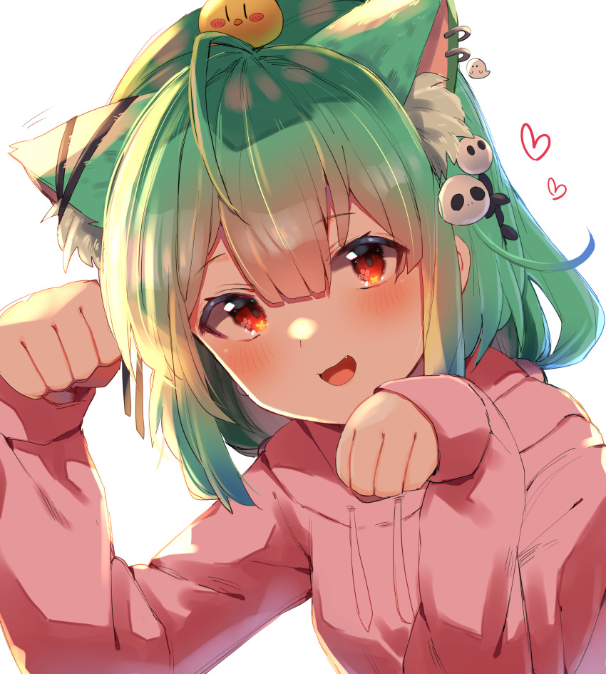 1girl :d absurdres ahoge alternate_costume animal_ear_fluff animal_ears animal_on_head bird bird_on_head blue_hair blush cat_ears chick commentary ear_piercing ear_ribbon fang gradient_hair green_hair hair_ornament highres hololive hood hood_down hoodie looking_at_viewer medium_hair multicolored_hair nagai_riku on_head open_mouth paw_pose piercing pink_hoodie piyoko_(uruha_rushia) pom_pom_(clothes) pom_pom_hair_ornament red_eyes simple_background skull_hair_ornament smile solo upper_body uruha_rushia virtual_youtuber white_background