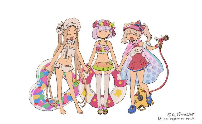 3girls :&lt; :d ^_^ abigail_williams_(fate) abigail_williams_(swimsuit_foreigner)_(fate) asaya_minoru bangs bare_arms bare_legs bare_shoulders barefoot bikini black_footwear blue_footwear blunt_bangs blush bonnet brown_hair casual_one-piece_swimsuit closed_eyes closed_mouth english_text eyebrows_visible_through_hair fate/grand_order fate_(series) forehead holding_hands hose hose_nozzle illyasviel_von_einzbern illyasviel_von_einzbern_(swimsuit_archer)_(fate) innertube kama_(fate) kama_(swimsuit_avenger)_(fate) long_hair multiple_girls navel one-piece_swimsuit open_mouth parted_bangs purple_hair red_swimsuit short_hair simple_background smile standing standing_on_one_leg star_(symbol) swimsuit thigh-highs twintails twitter_username very_long_hair violet_eyes white_background white_bikini white_headwear white_legwear