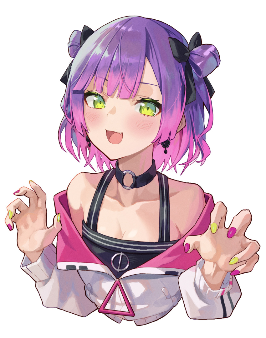 1girl :d bangs bare_shoulders black_bow black_choker black_shirt blush bow choker commentary cropped_torso double_bun earrings eyebrows_visible_through_hair fangs green_eyes hair_bow hands_up highres hololive jacket jewelry long_sleeves looking_at_viewer multicolored multicolored_hair multicolored_nails nail_polish o-ring o-ring_choker open_mouth paw_pose pink_hair puffy_long_sleeves puffy_sleeves purple_nails shirt simple_background smile solo sooon tokoyami_towa two-tone_hair upper_body violet_eyes virtual_youtuber white_hair white_jacket yellow_nails