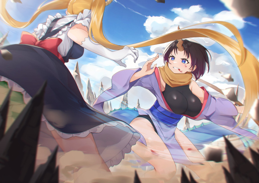 2girls battle black_hair blonde_hair blood blood_from_mouth blue_eyes breasts dragon_horns dragon_tail dress elbow_gloves elma_(maidragon) gloves highres horns japanese_clothes kimono kobayashi-san_chi_no_maidragon large_breasts leotard leotard_under_clothes maid multiple_girls obi sash single_horn tail tapioka_(oekakitapioka) tohru_(maidragon) twintails waist_bow