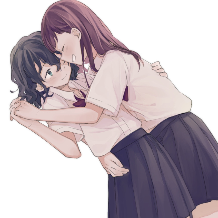 2girls black_hair black_skirt blue_eyes bow bowtie closed_eyes closed_mouth commentary_request curly_hair grin hand_on_another's_back hand_on_another's_waist highres holding_hands interlocked_fingers inuko_(ink0425) light_blush long_hair medium_hair mizuno_to_chayama multiple_girls pleated_skirt red_neckwear redhead school_uniform shirt short_sleeves simple_background skirt smile white_background white_shirt yuri