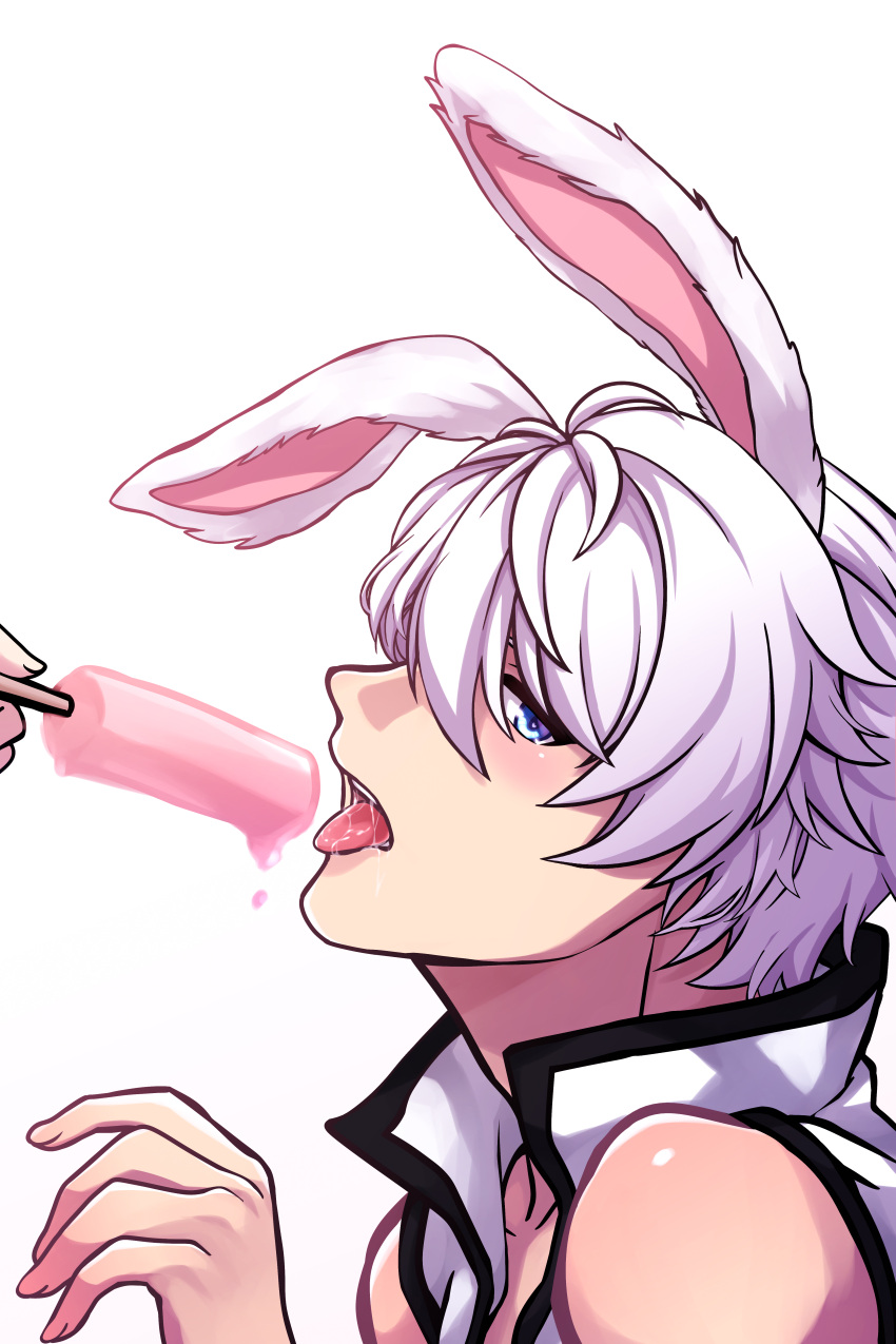 1boy :o absurdres animal_ears bangs food hair_between_eyes highres holding holding_food honkai_(series) honkai_impact_3rd kaixuan_lushang kevin_kaslana looking_at_viewer looking_to_the_side open_mouth popsicle rabbit_ears saliva shirt short_hair simple_background sleeveless sleeveless_shirt solo teeth tongue tongue_out white_background white_shirt