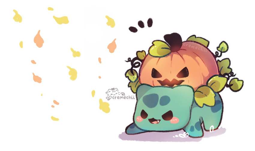 blush_stickers brown_eyes bulbasaur cremechii fang leaf leaves_in_wind no_humans notice_lines open_mouth pokemon pokemon_(creature) pumpkin solo standing symbol-only_commentary tongue white_background
