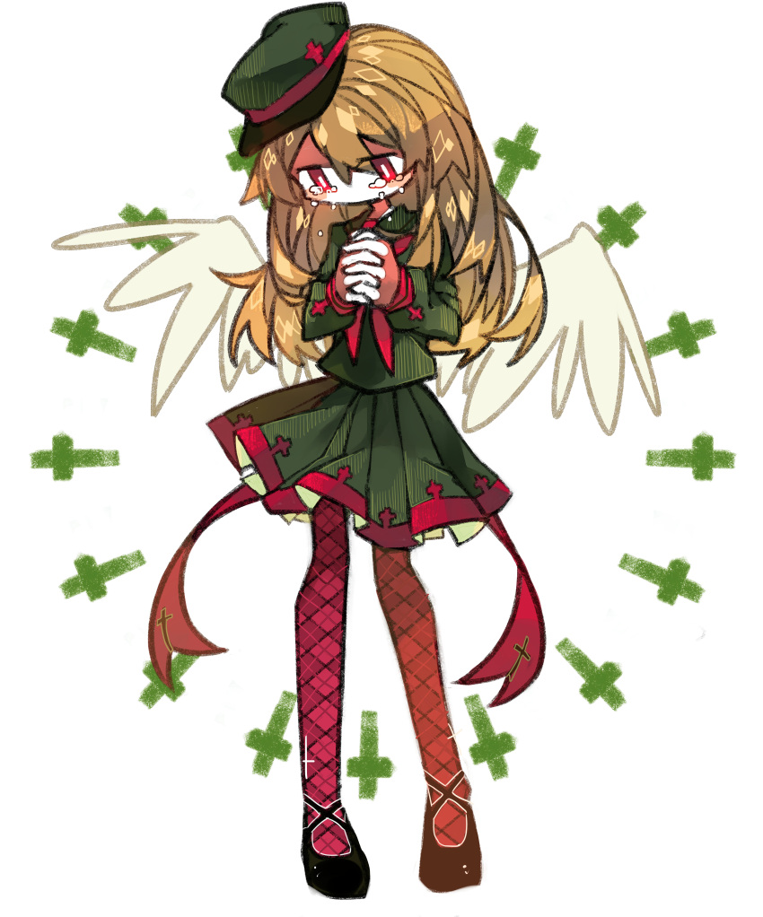 1girl absurdres amaterial angel_wings black_footwear blonde_hair cross crying crying_with_eyes_open full_body funamusea green_headwear green_shirt green_skirt haiiro_teien hair_between_eyes hat highres leggings long_hair looking_down macarona red_eyes red_legwear sailor_collar school_uniform shirt shoes simple_background skirt solo tears white_background wings