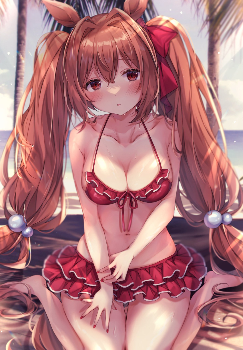 1girl animal_ears barefoot bikini breasts clouds collarbone commentary_request daiwa_scarlet_(umamusume) fingernails hair_between_eyes hair_bobbles hair_ornament hair_ribbon highres horse_ears horse_girl looking_at_viewer nail_polish navel outdoors palm_tree red_bikini red_eyes red_nails red_ribbon redhead ribbon sitting sky solo sorashima_(117) swimsuit thighs tree twintails umamusume