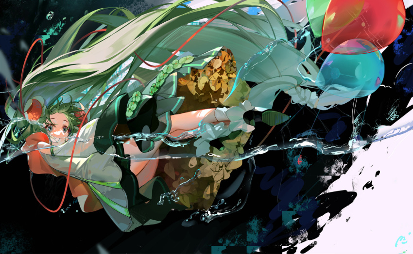 1girl aqua_eyes aqua_hair balloon bangs bare_legs bare_shoulders detached_sleeves eyebrows_visible_through_hair falling feihuanjiang floating_hair flower green_flower hair_ornament hatsune_miku juliet_sleeves long_hair long_sleeves patterned_background puffy_sleeves shoes solo twintails very_long_hair vocaloid water