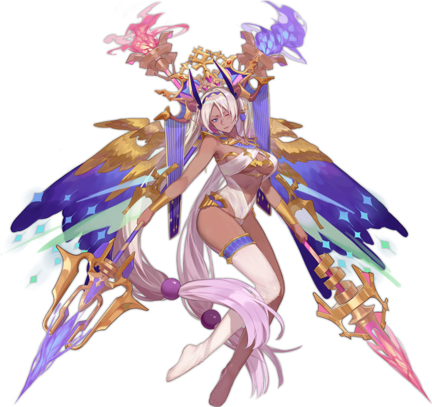 1girl animal_ears ark_order bangs beads blue_eyes blue_fire bracelet dark_skin dual_wielding egyptian fire gold gold_trim hair_beads hair_ornament hairband headpiece highres holding horns jewelry leotard long_hair looking_at_viewer low-tied_long_hair multiple_wings necklace no_shoes nut_(ark_order) one_eye_closed polearm red_cucumber single_bare_leg single_thighhigh solo spear thigh-highs transparent_background twintails very_long_hair weapon white_hair white_legwear white_leotard wings yellow_wings