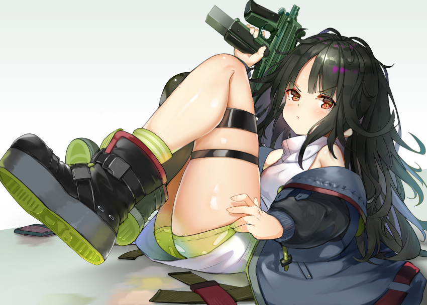 &gt;:( 1girl :t absurdres bangs black_hair black_legwear boots c-ms_(girls'_frontline) cbj-ms dress eyebrows_visible_through_hair frown girls_frontline grey_jacket highres holding holding_weapon hukahire0120 jacket legs legs_up long_hair long_sleeves looking_at_viewer messy_hair mole mole_under_eye off_shoulder open_clothes open_jacket parted_bangs red_eyes short_dress short_shorts shorts single_thighhigh sitting sleeveless solo thigh-highs thigh_strap v-shaped_eyebrows very_long_hair weapon white_dress