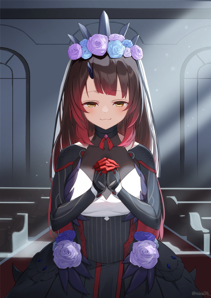 1girl :3 bangs black_dress blue_flower blue_rose blush breasts brown_hair church closed_mouth commentary_request dress eyebrows_visible_through_hair flower gradient_hair half-closed_eyes hands_up head_wreath highres hololive indoors large_breasts long_hair looking_at_viewer mirai_(mirai76_) multicolored_hair own_hands_clasped own_hands_together purple_flower purple_rose redhead roboco-san rose solo sunlight twitter_username very_long_hair virtual_youtuber yellow_eyes